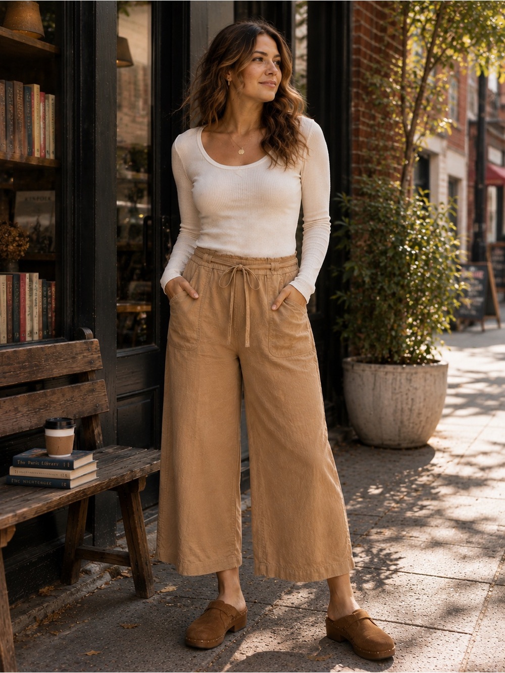 Calypso St. Barth XL Lyocell Linen Cropped Wide Leg Pants Tan Tie Waist